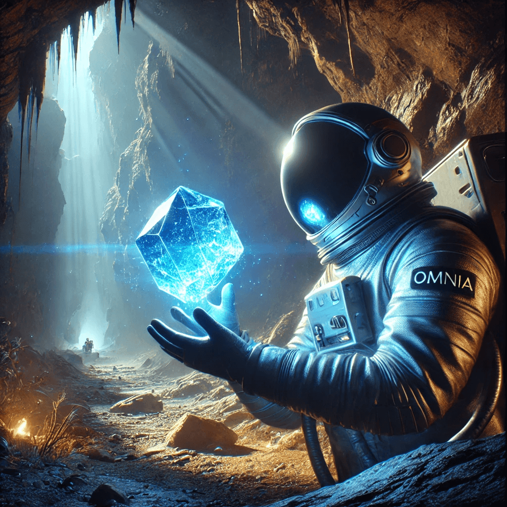 Astronaut holding a glowing blue crystal in a cave with light beams shining through.