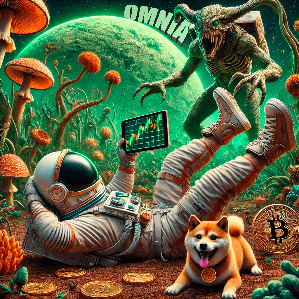 Astronaut on alien planet with tablet and Bitcoin coins, accompanied by a dog and alien creature.