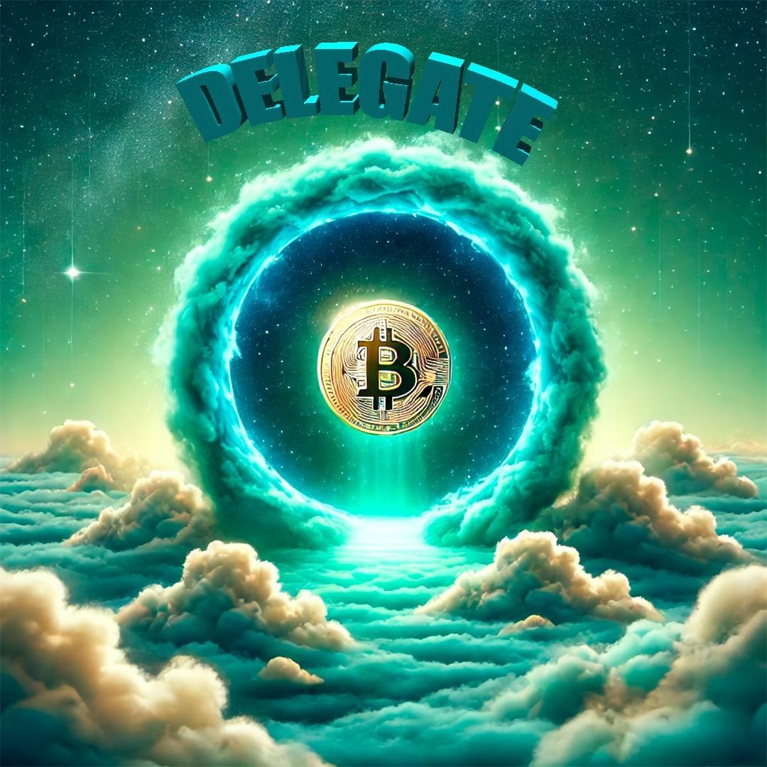 Fantasy scene with Bitcoin symbol in glowing sky portal, surrounded by clouds.